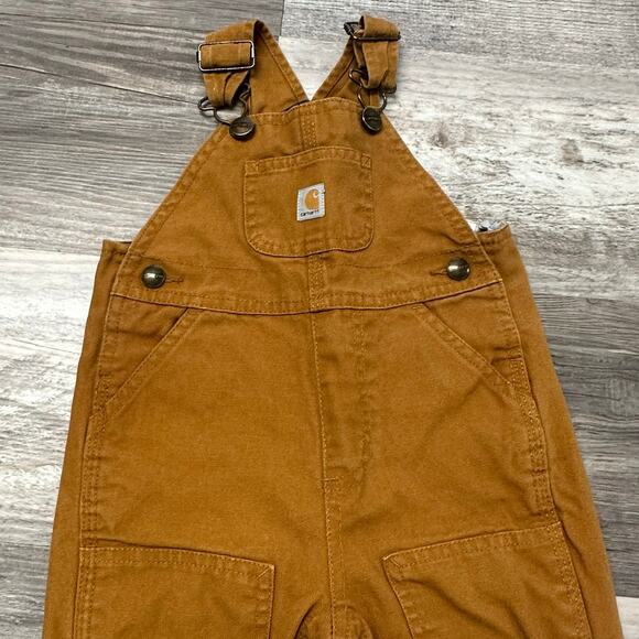 Carhartt Tan 9M Babies Utility Plaid Lined Double Knee Duck Canvas Bib Overalls - Picture 3 of 13